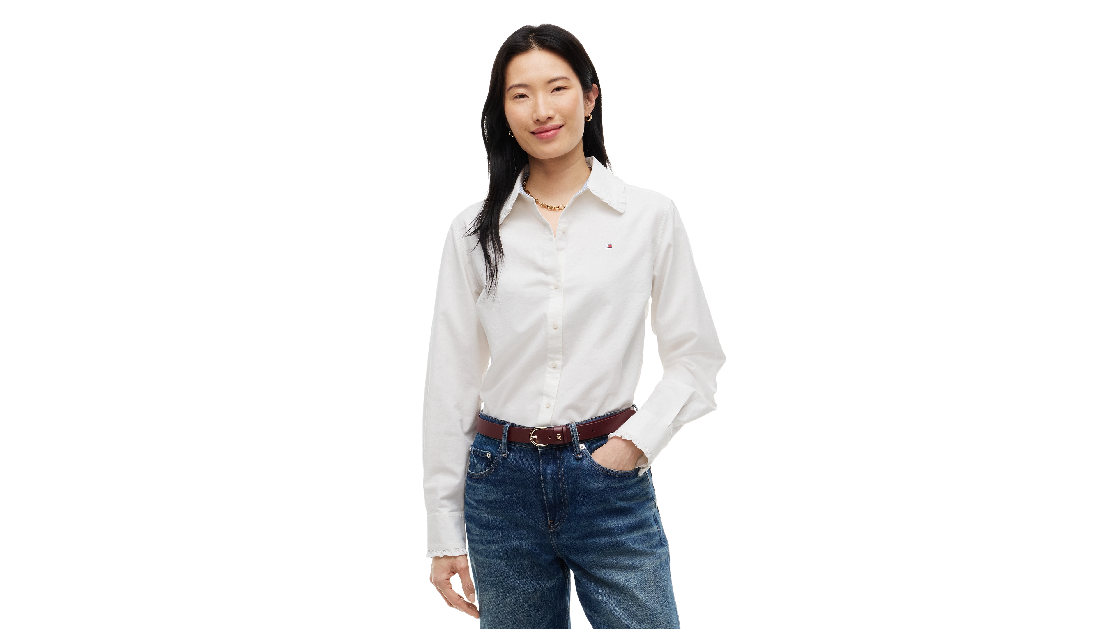 Tommy Hilfiger Women's Cropped Frill Detail Long-Sleeve Shirt