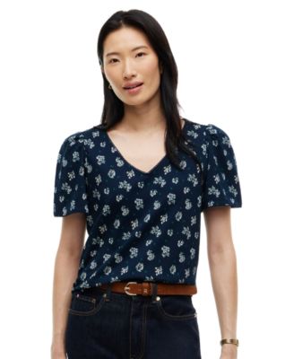 Women's Printed Contrast Trim Puff-Sleeve V-Neck Top