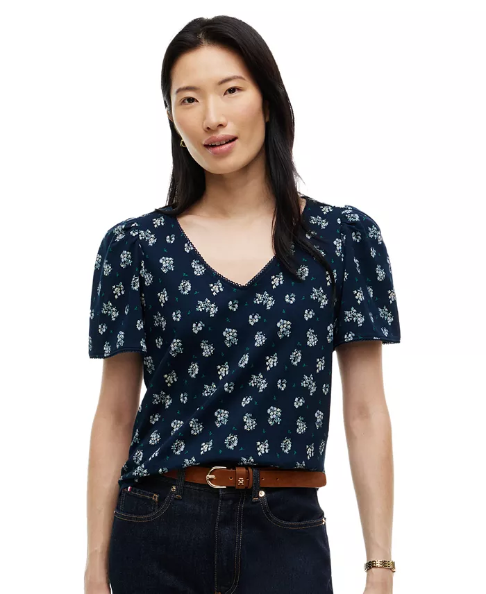 Women's Printed Contrast Trim Puff-Sleeve V-Neck Top