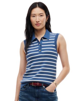 Women's Fine Gauge Polo Collar Sleeveless Sweater