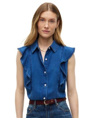 Women's Chambray Frill Sleeveless Button-Front Shirt