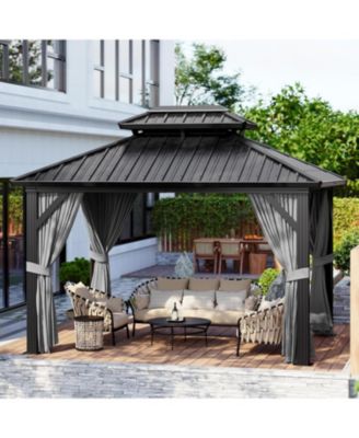 10x10 Hardtop Gazebo with Netting and Curtains for All Weather, Metal Gazebo with Double Roof, Aluminum Alloy Frame