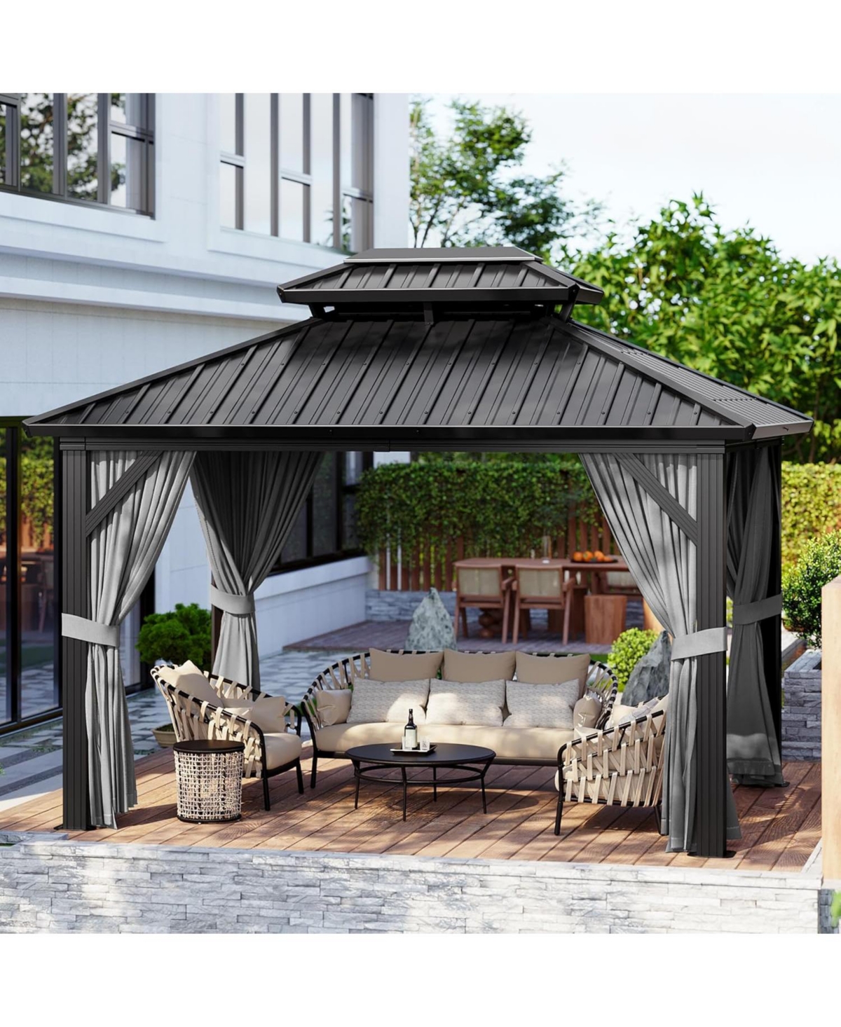 gaomon 10x10 Hardtop Gazebo with Netting and Curtains for All Weather, Metal Gazebo with Double Roof, Aluminum Alloy Frame - Grey