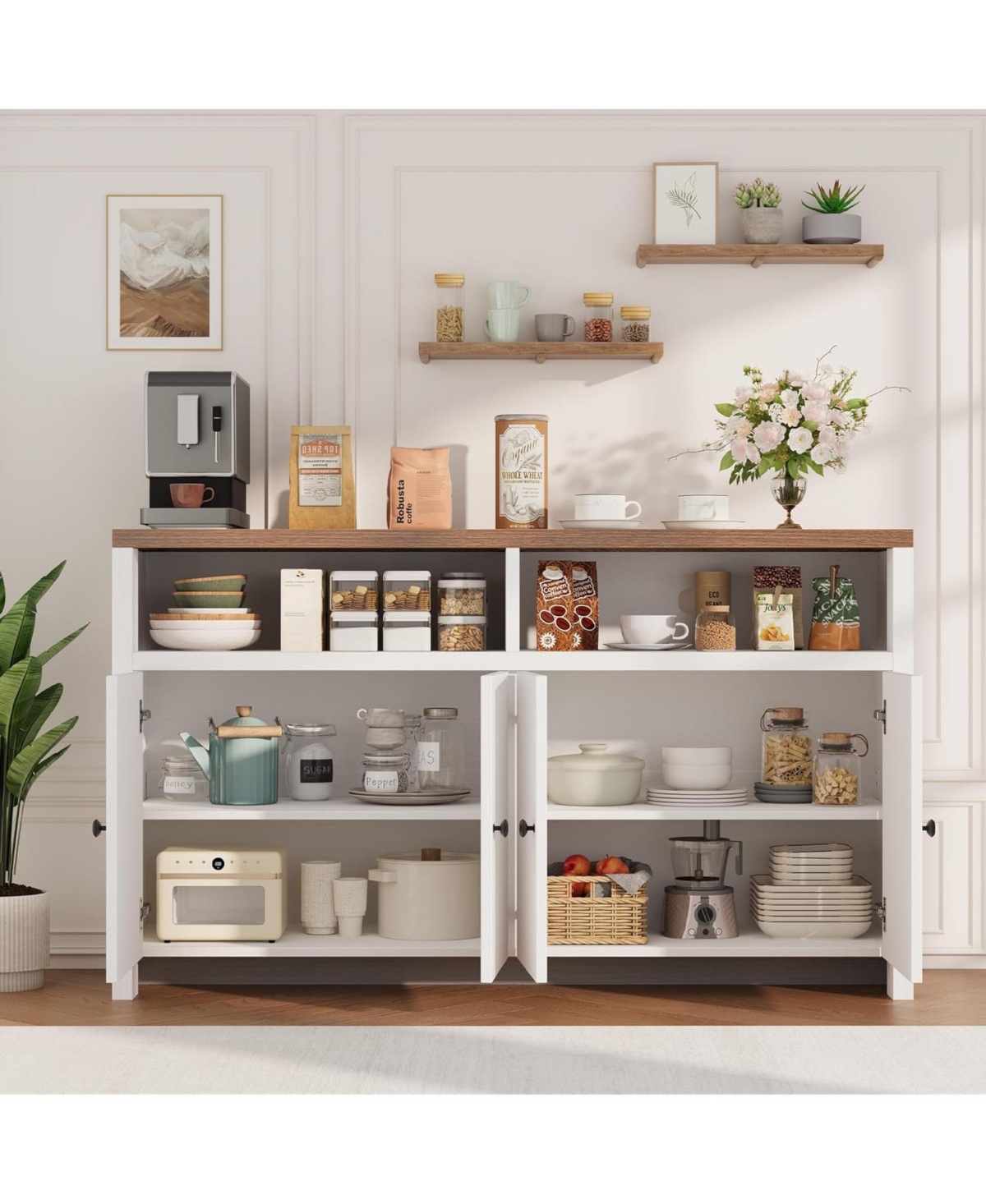 gaomon Sideboard Buffet Cabinet with Storage, 55" Large Farmhouse Kitchen Storage Cabinet with 4 Doors and Adjustable Shelves