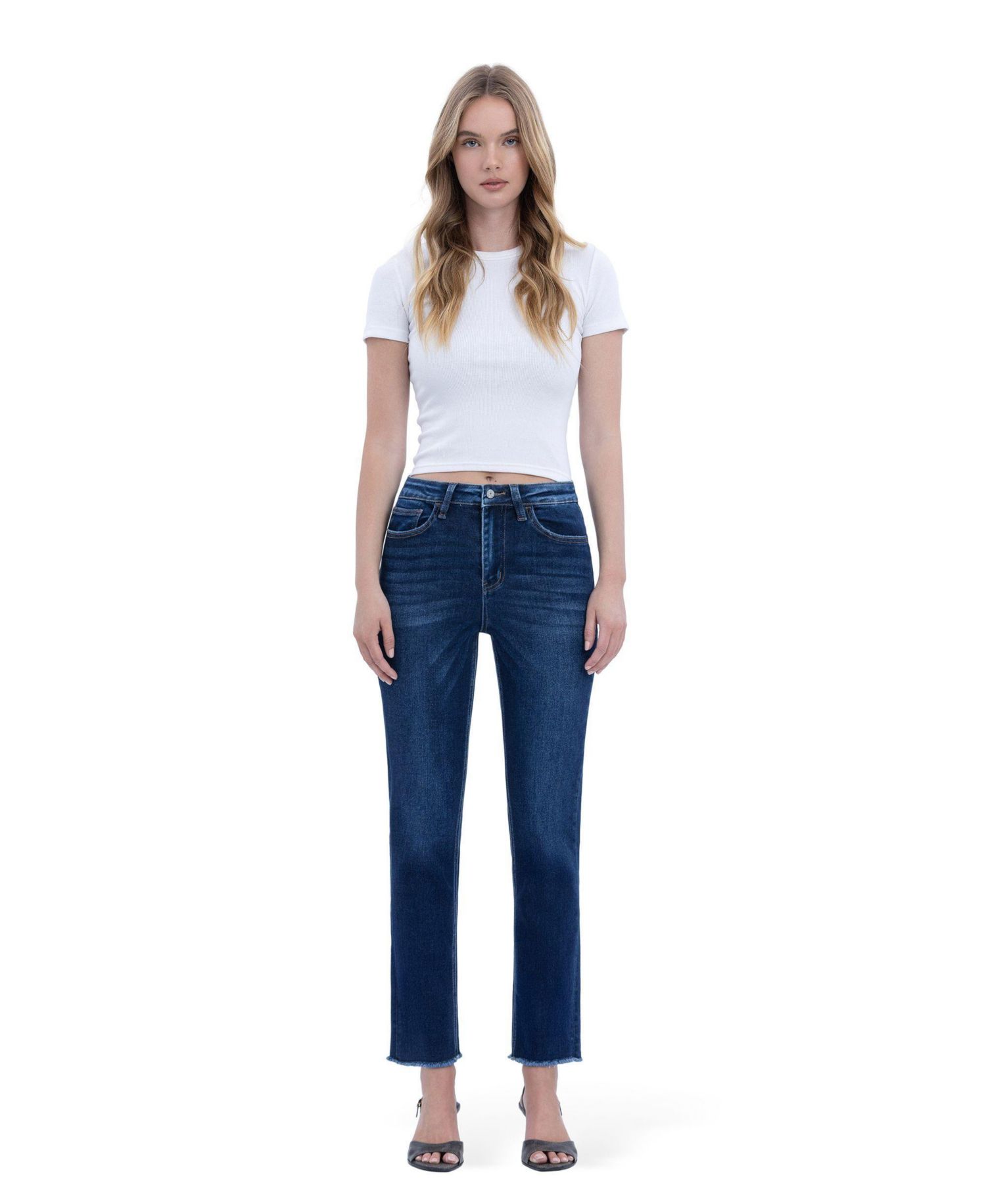 Women's Super High Rise Stretch Raw Hem Slim Straight Jeans