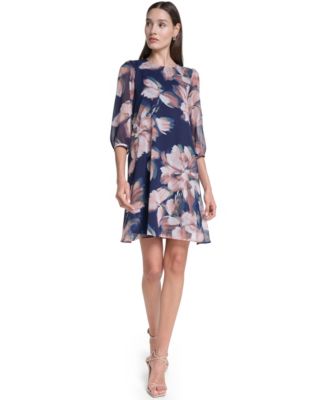 Women's 3/4-Sleeve Floral Chiffon Shift Dress