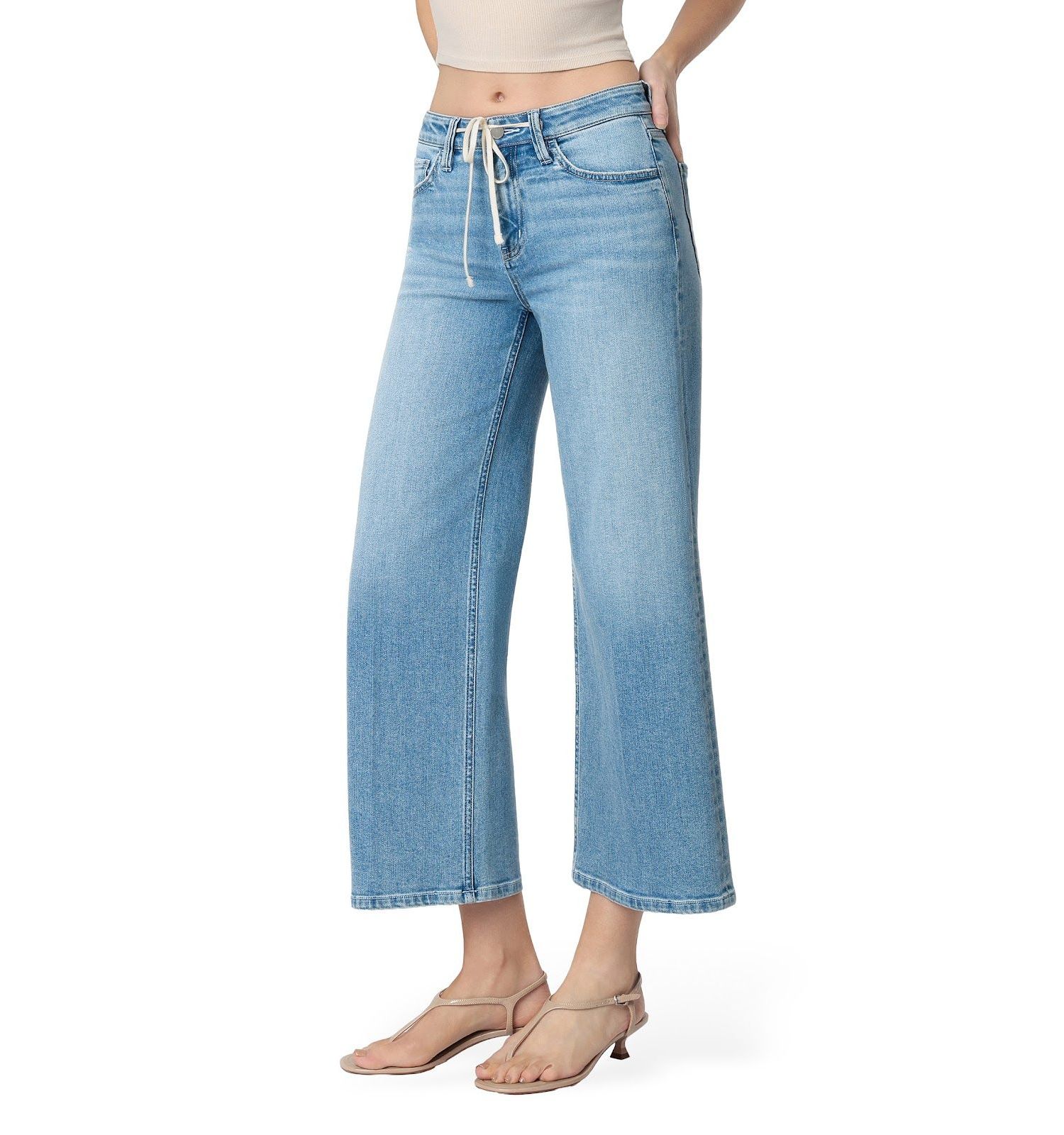 Women's High Rise Trouser Fold Drawstring Crop Wide Leg Jeans