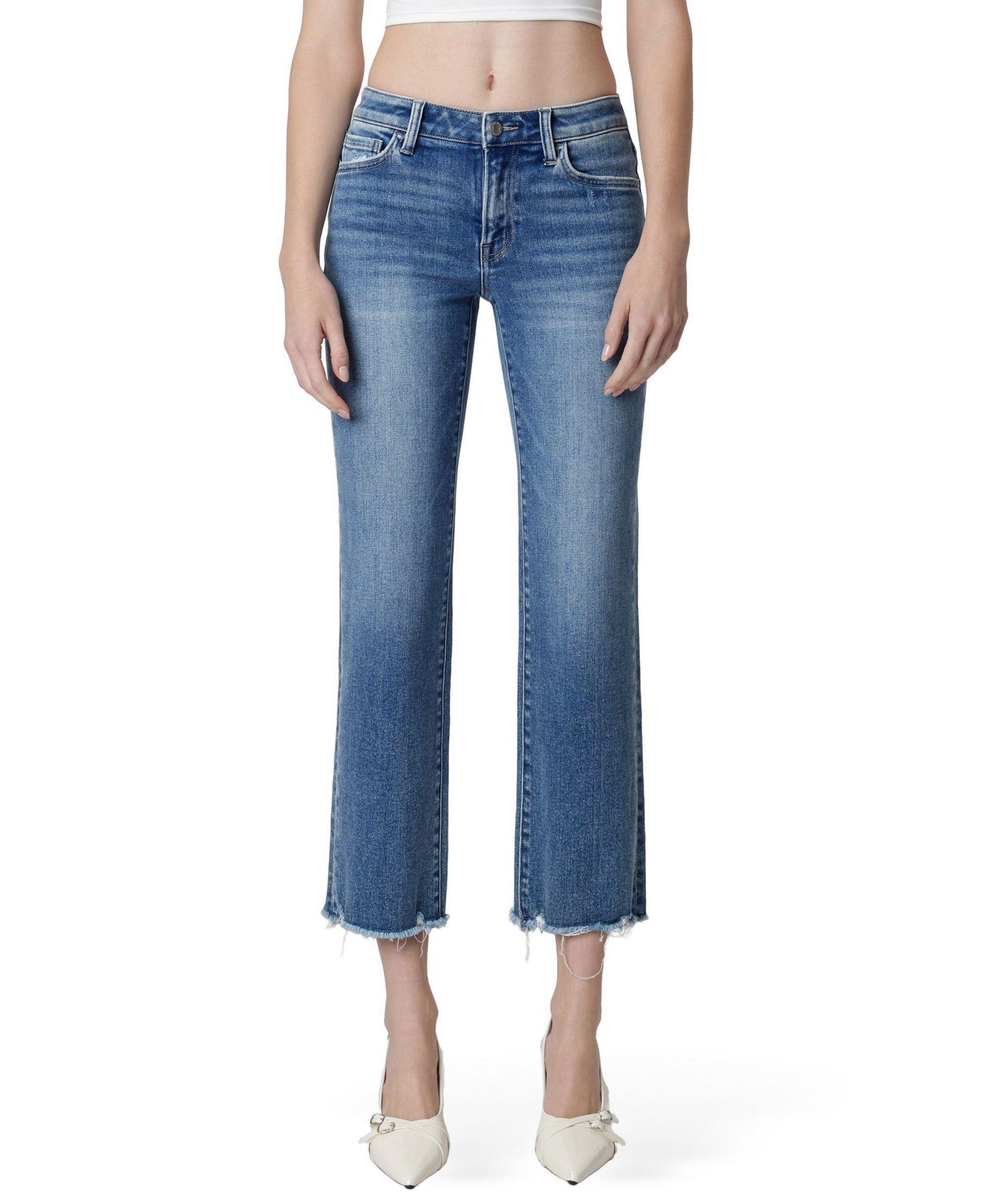Women's Mid Rise Distressed Hem Crop Straight Jeans