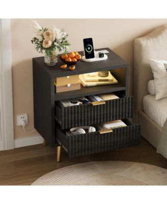 Fluted Nightstand with LED Lights, 2 Drawer Wood Nightstand for Bedroom, Modern Bedside Table with Storage, MDF End Table for Living Room