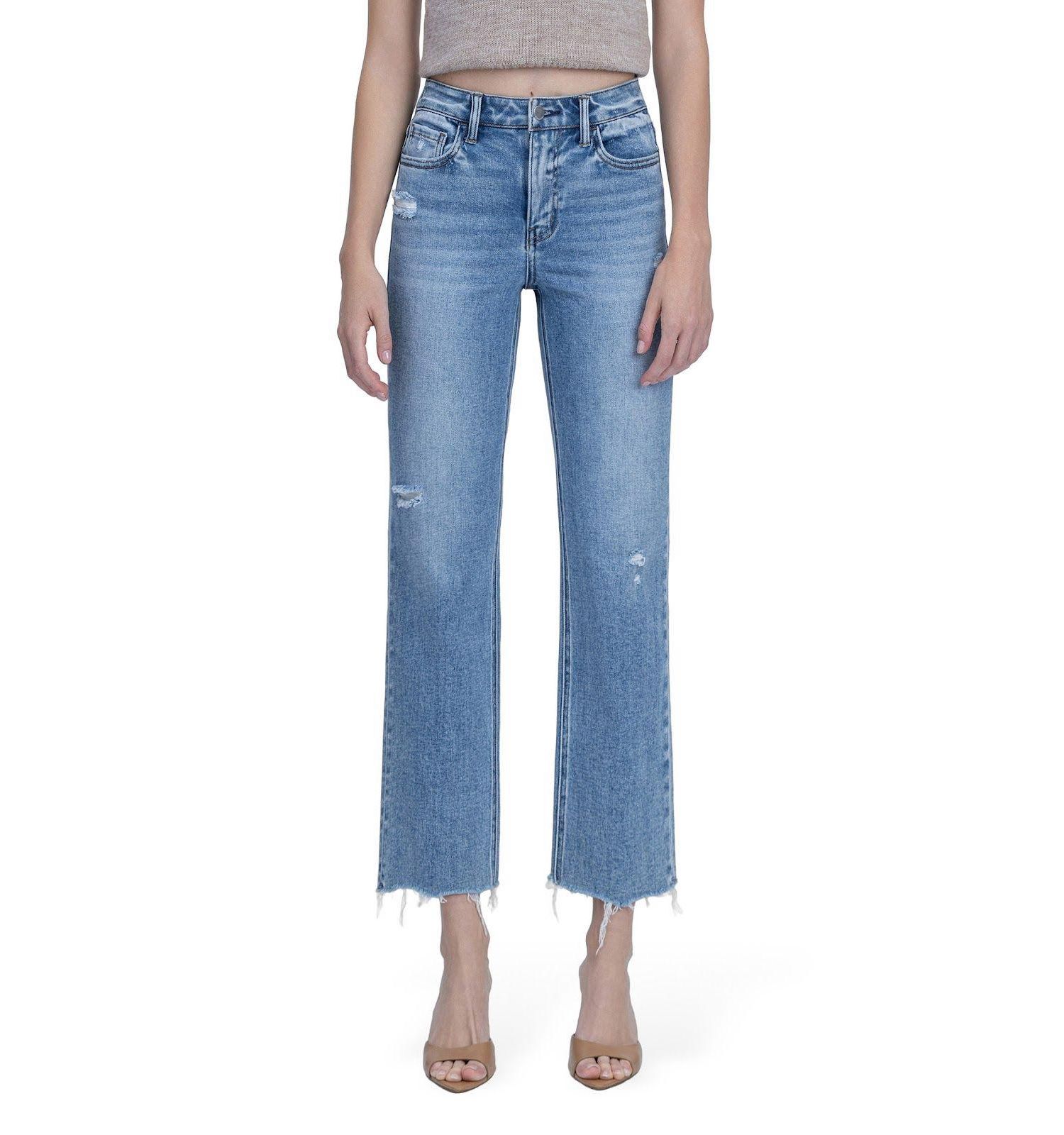 Women's High Rise Distressed Detail Ankle Straight Jeans