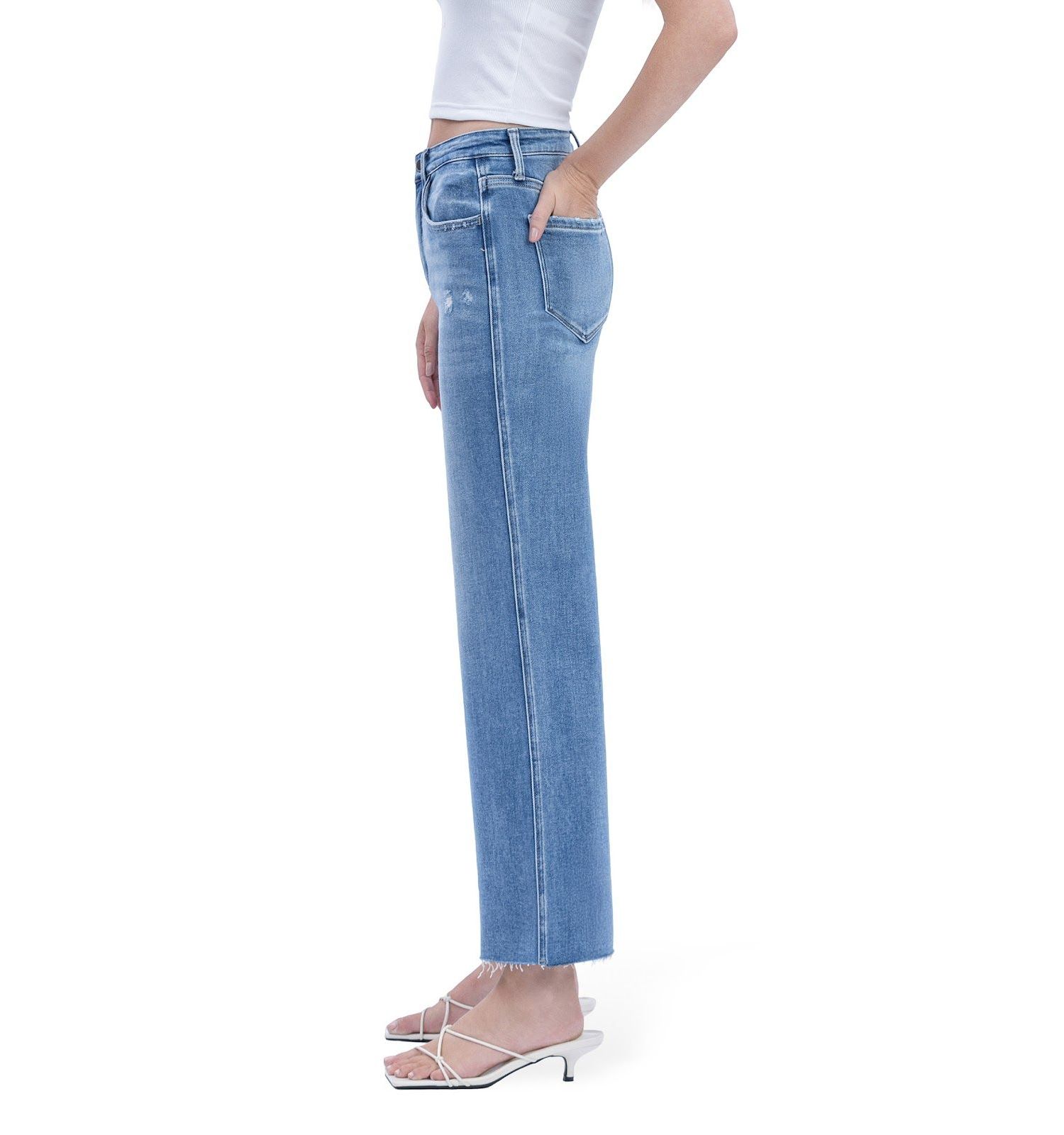 Women's High Rise Raw Hem Slim Wide Leg Jeans