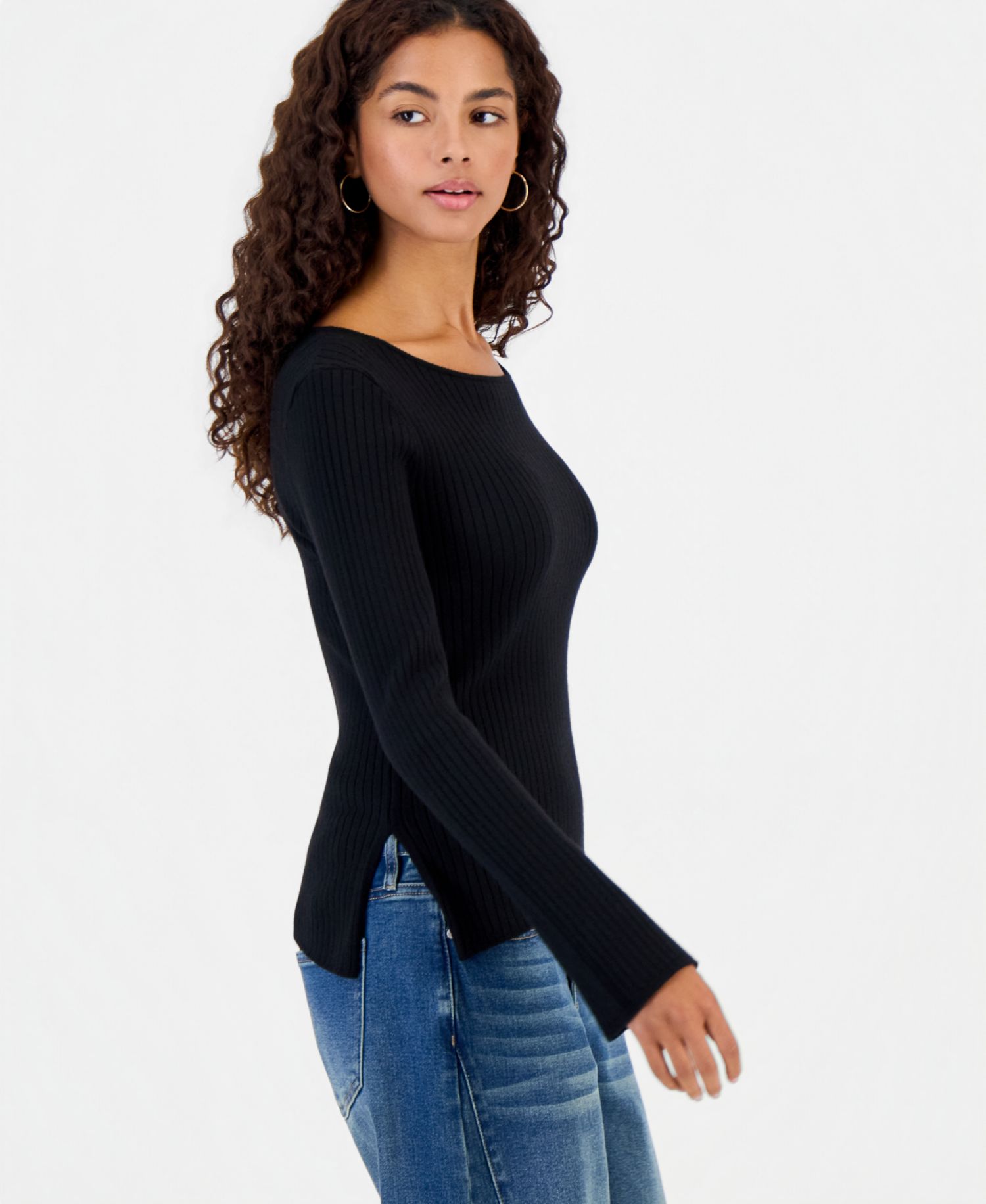 Juniors' Asymmetric-Hem Boat-Neck Sweater