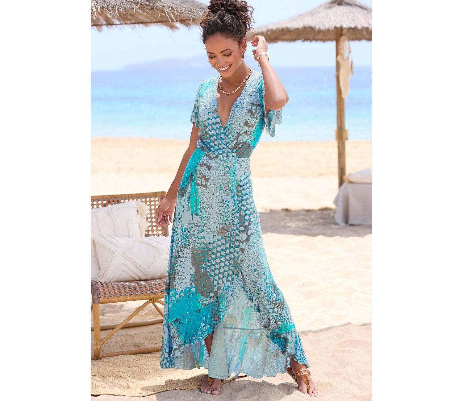 Women's Viscose Printed Side Slit Ruffle-Trim Maxi Dress