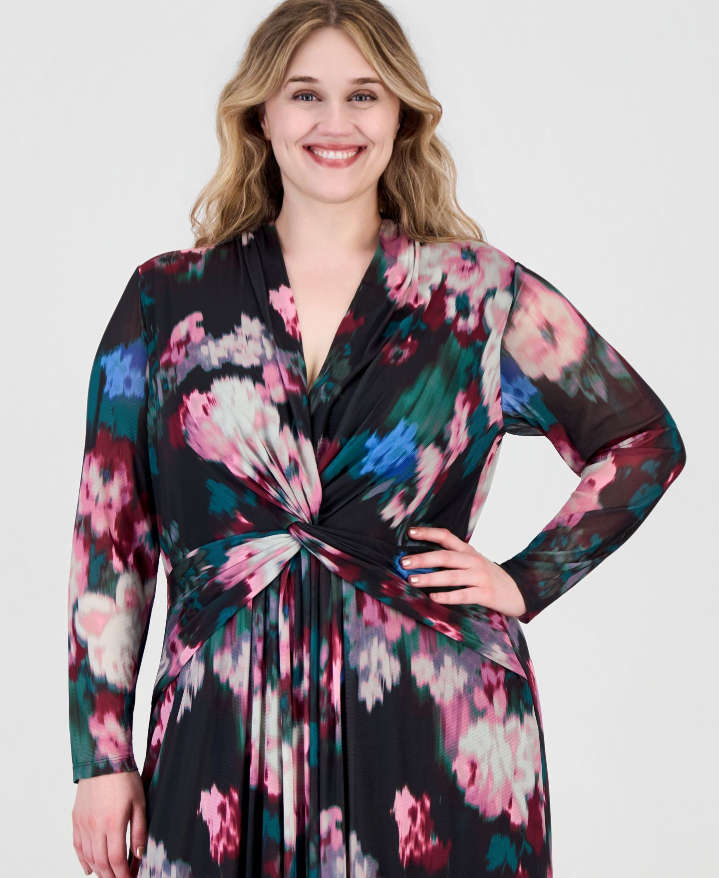 Женское платье Anne Klein Plus Twist Front Maxi Floral Long-Sleeve A-Line, цвет: Глубокий нефритовый — фото 2