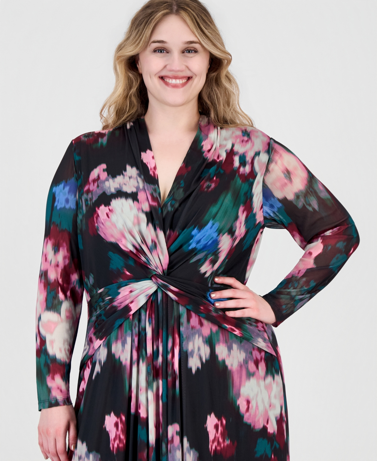 Anne Klein Plus Twist Front Floral-Print Maxi Dress