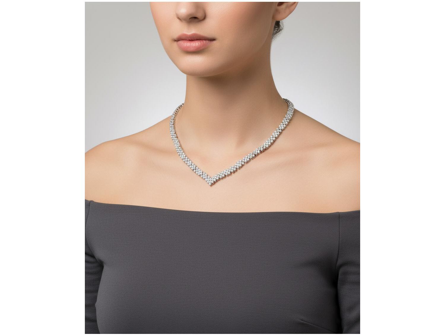 Classy White Gold Plated CZ Tennis V Shape Necklace