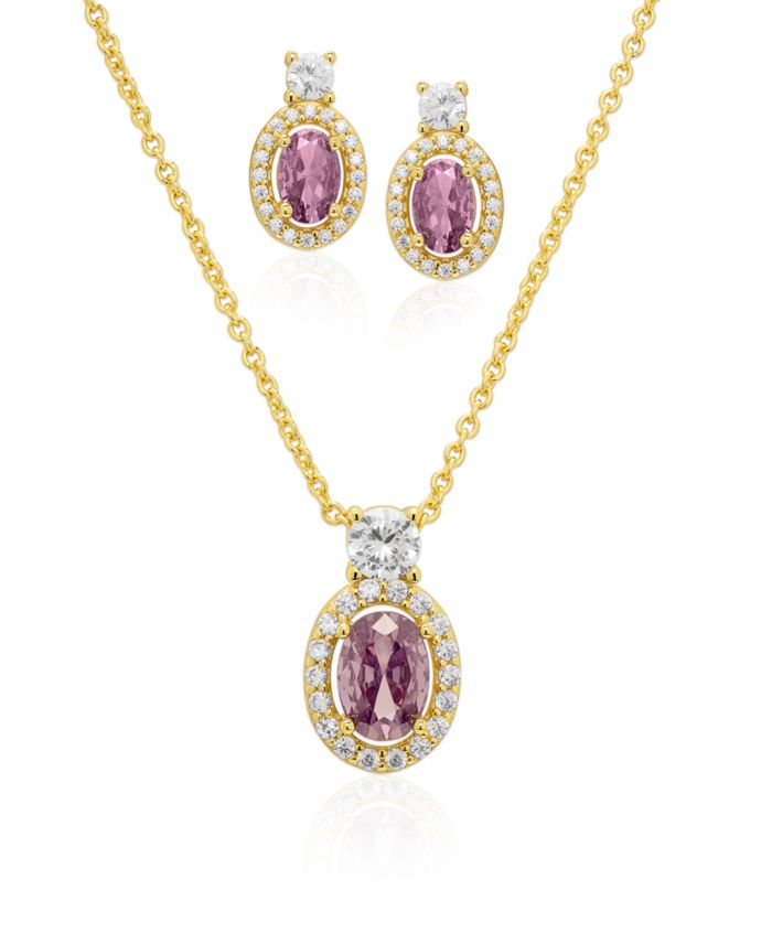 Oval Simulated Gemstone Halo Pendant Necklace with Matching Earrings — 2 piece