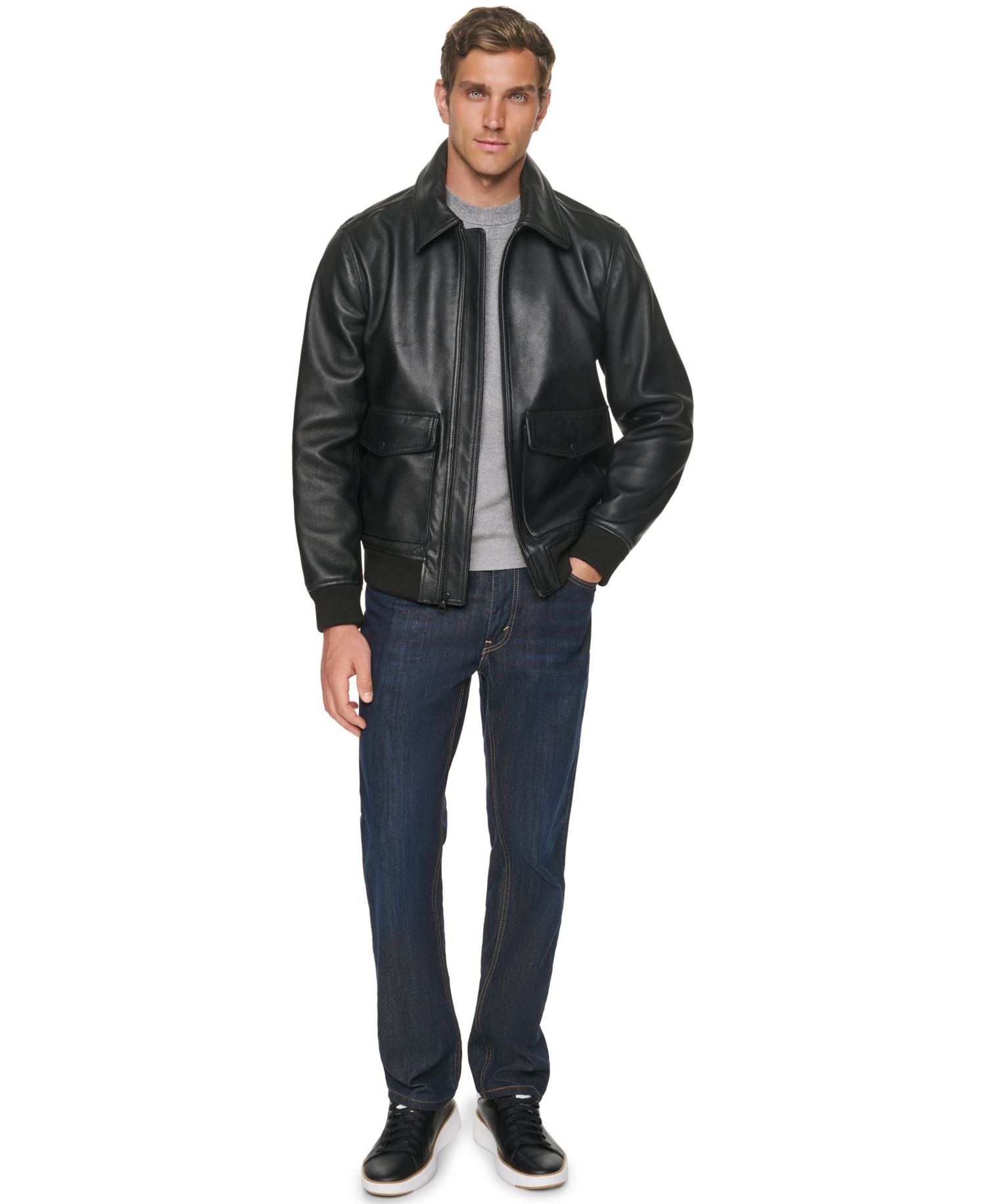 Men's Textured Genuine Leather Bomber Jacket