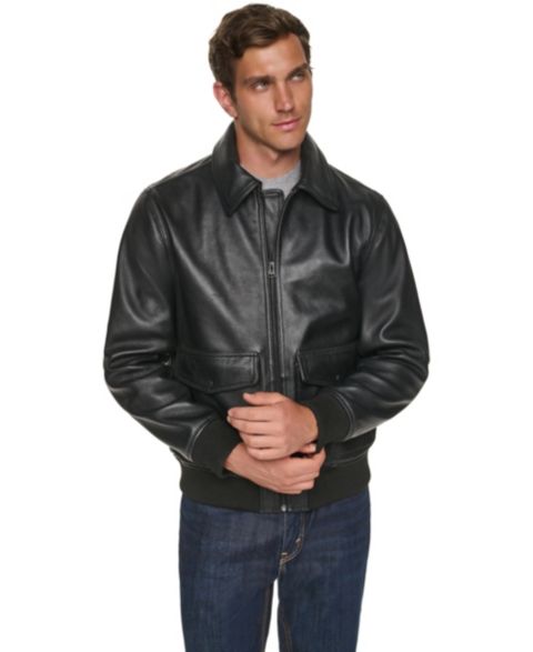 Мужская куртка Cole Haan Textured Genuine Leather Bomber, цвет: Чёрный