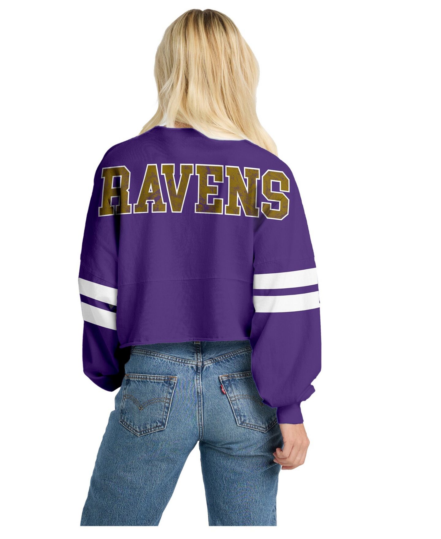 Женская футболка Spirit Jersey Purple Baltimore Ravens Oversized Cropped Stripe Long Sleeve — фото 2
