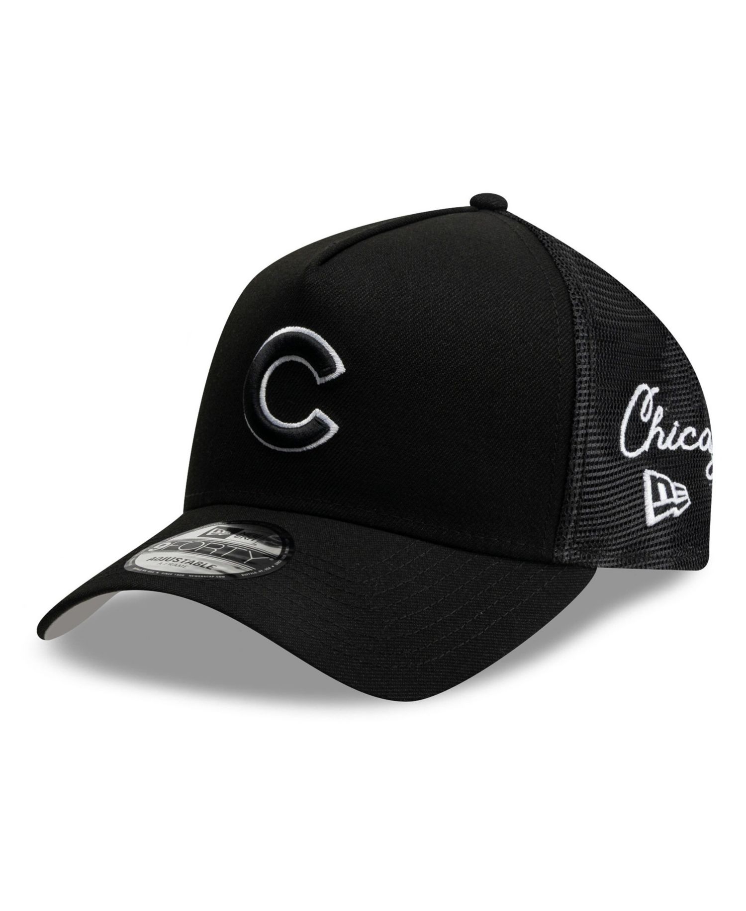 Men's Black Chicago Cubs Side Script 9FORTY A-Frame Trucker Adjustable Hat