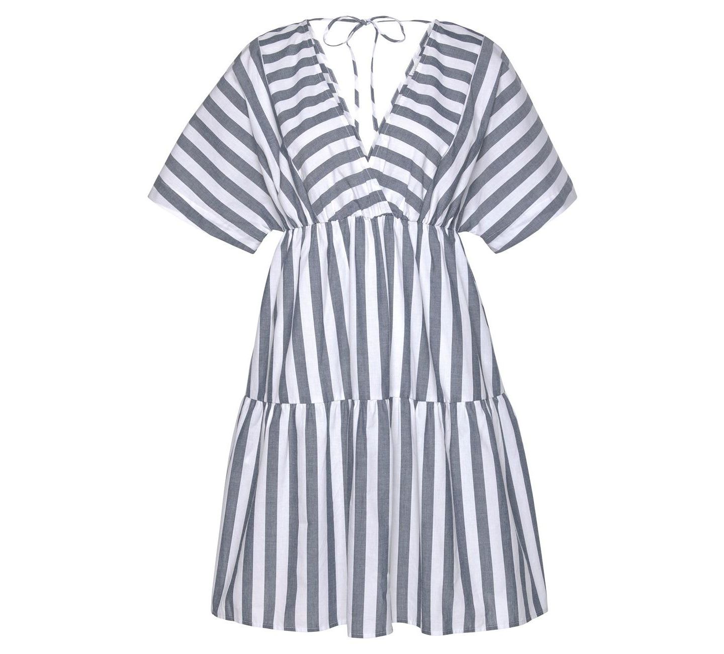 Женское платье LASCANA Cotton Striped Tiered V-Neck Elastic-Waist Short, цвет: Синий серый полосатый — фото 6