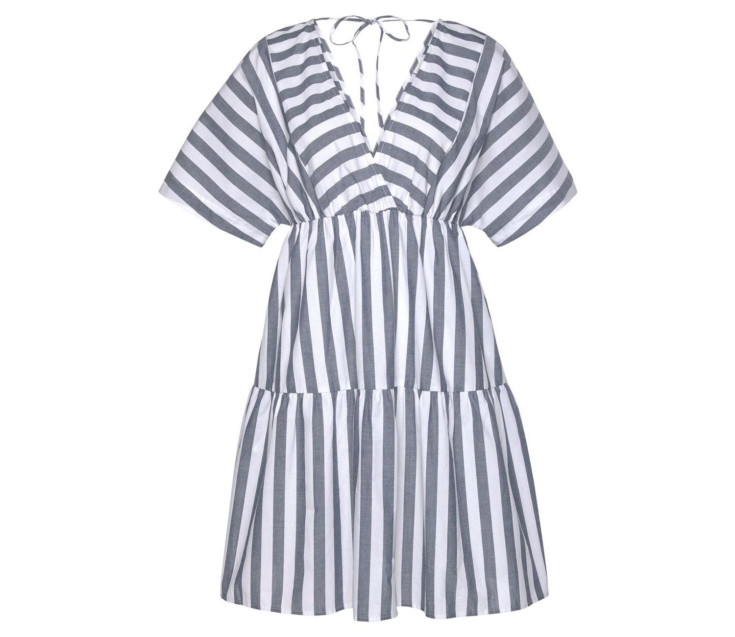Women's Cotton Striped Tiered V-Neck Elastic-Waist Short Dress