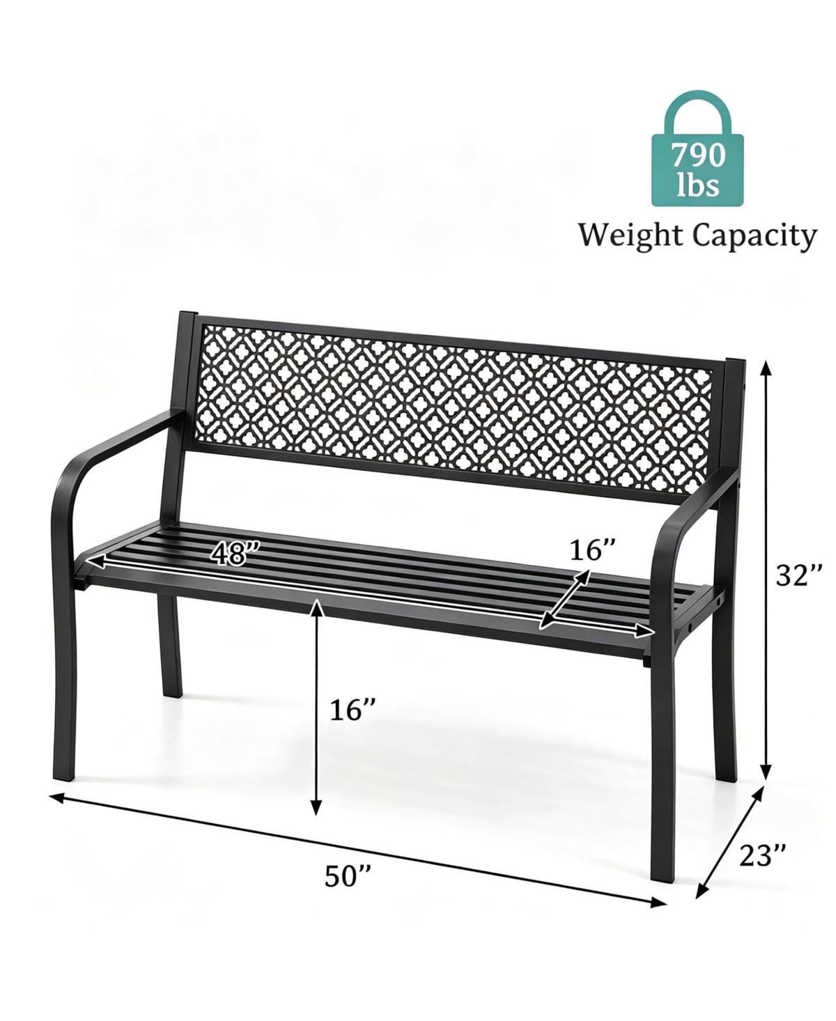 homfan 2-Person Patio Chair Sturdy Weather-Resistant Steel Garden Bench Geometric Backrest, 50" Wide, 790 lbs Capacity