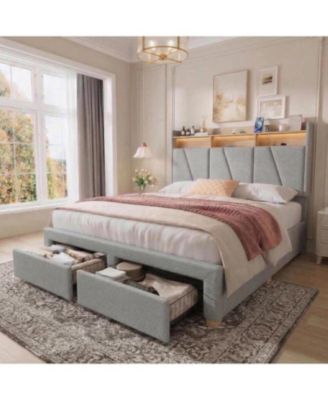 Queen Size Upholstered Storage Bed Frame with LED Lights, Charging Station and 2 Drawers - Heavy Duty Platform, No Box Spring, Easy Assembly