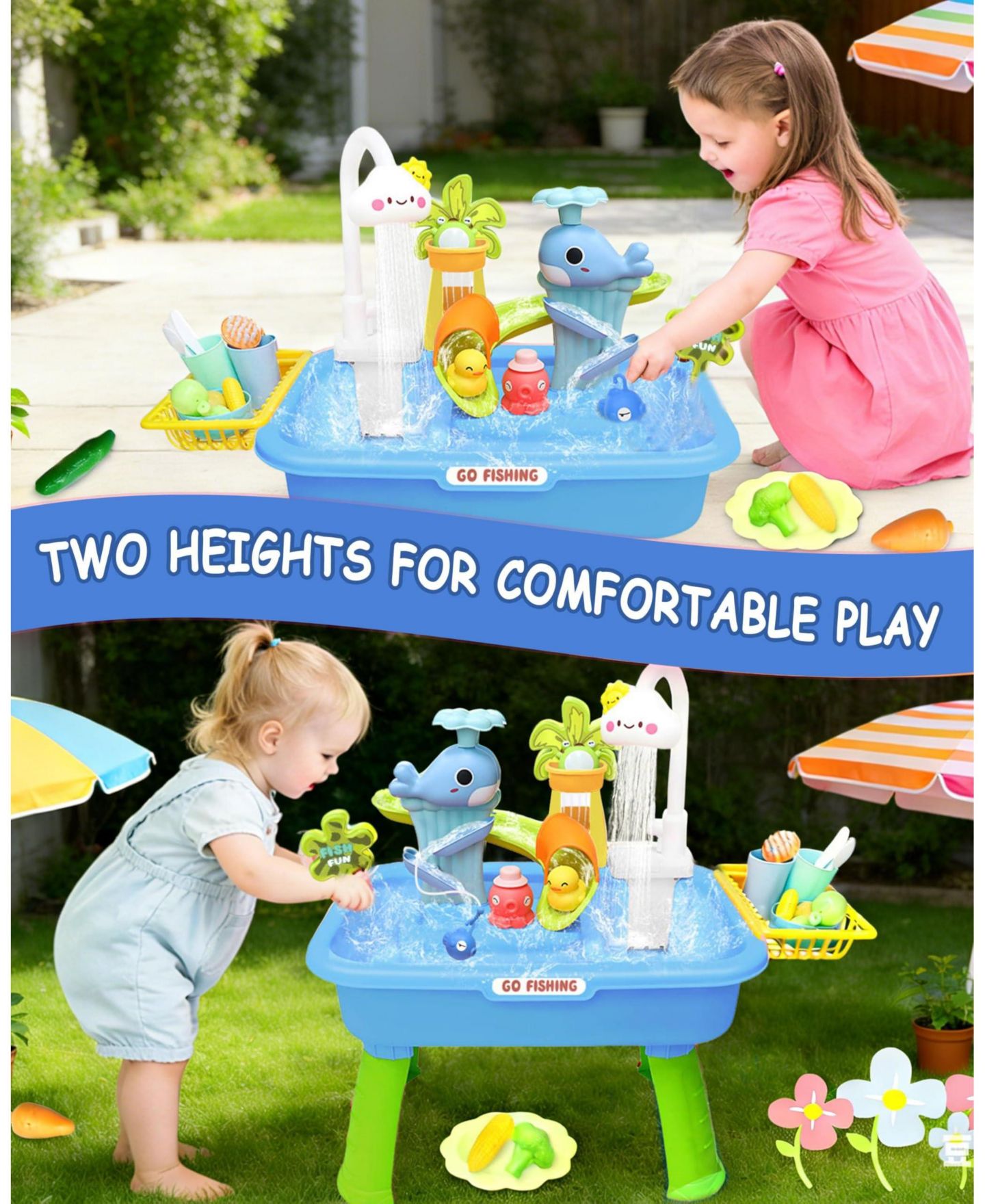 Детская игрушка GNUADZ 4-in-1 Electric Water Table Play Sink Running Faucet Sensory Fishing Game, цвет: Синий — фото 4