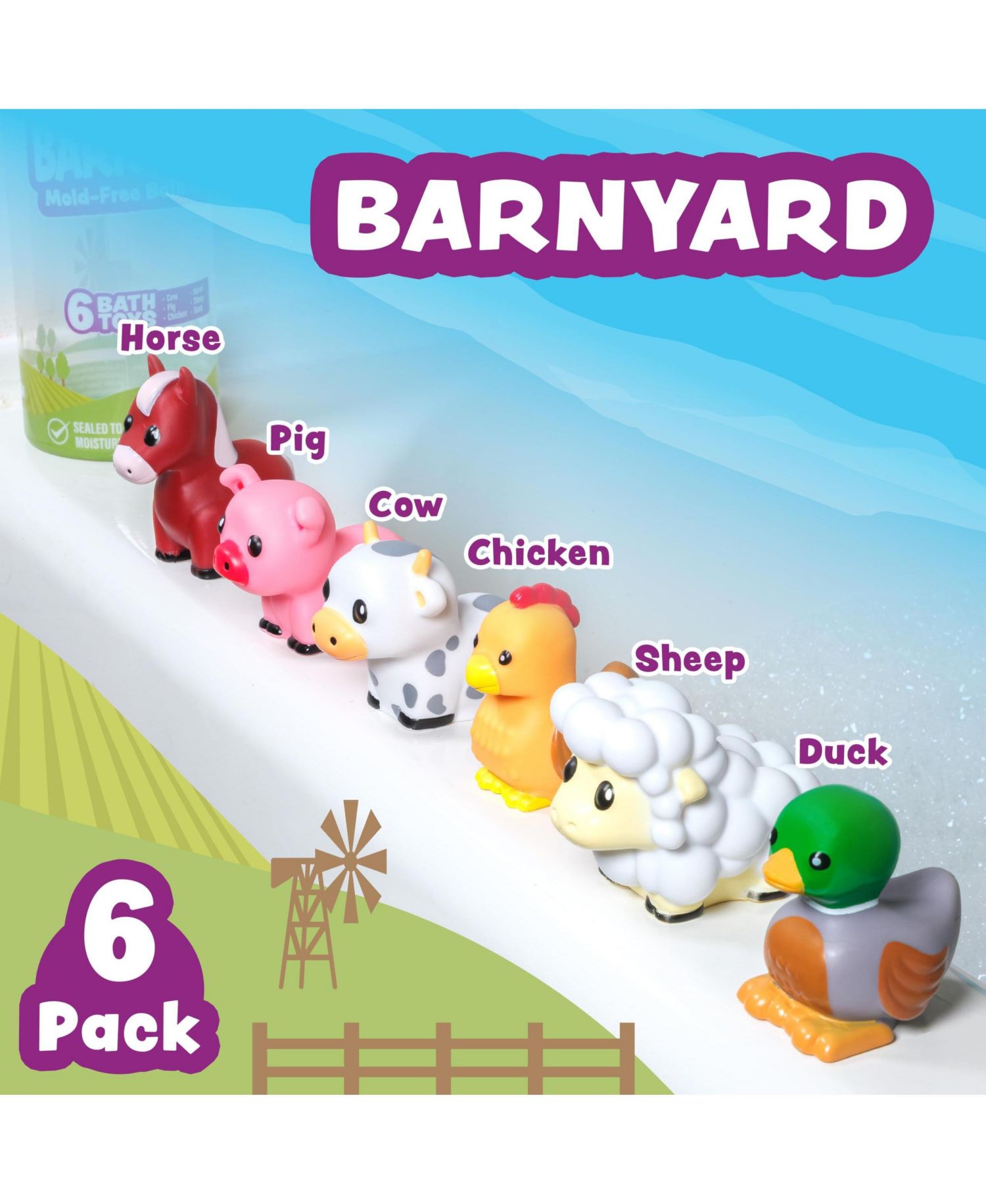 6 Pack Barnyard Mold Free Bath Toys Sealed No Hole Soft Squeezable Float Bathtub Pool