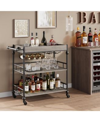 Bar Cart With Wheels, 3-Tier Serving Cart For Home, Mobile Rolling Beverage Cart With Wine Rack And Removable Tray