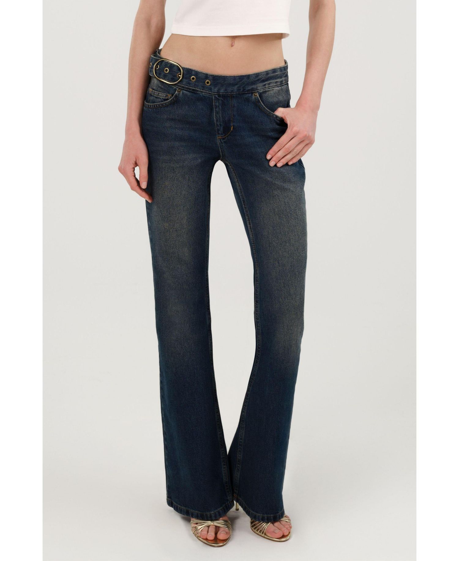 Women's Belted Denim Flare Trousers