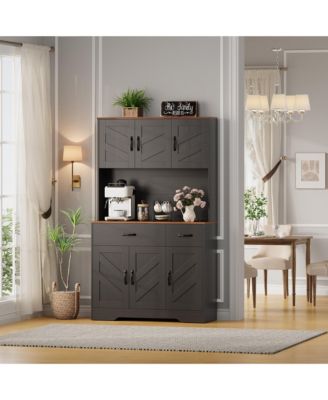 70 inch Kitchen Food Storage Cabinet, freestanding cabinet with 4 doors, 2 adjustable shelves and microwave rack, perfect for dining rooms