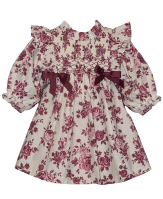Baby Girls' Pinafore Floral Smocking Ruffle Neck Dress with Diaper Cover, 2-Piece Set