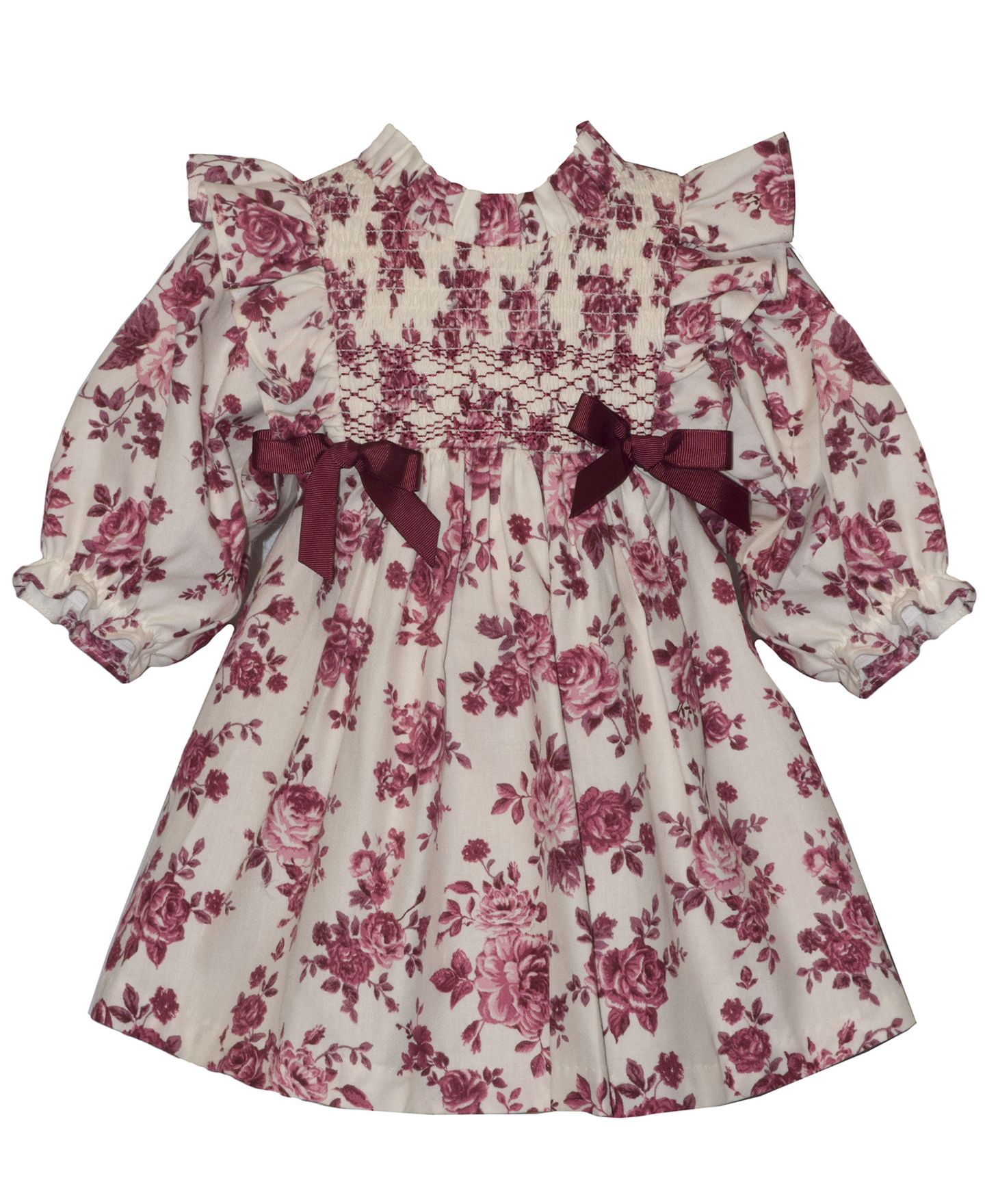 Платья Bonnie Baby Pinafore Floral Smocking Ruffle Neck Dress with Diaper Cover, 2-Piece Set для девочек-малышей, цвет: Бордовый — фото 1
