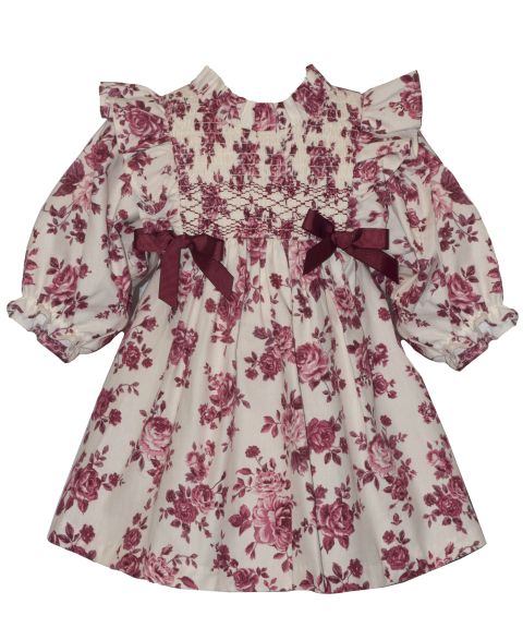 Платья Bonnie Baby Pinafore Floral Smocking Ruffle Neck Dress with Diaper Cover, 2-Piece Set для девочек-малышей, цвет: Бордовый