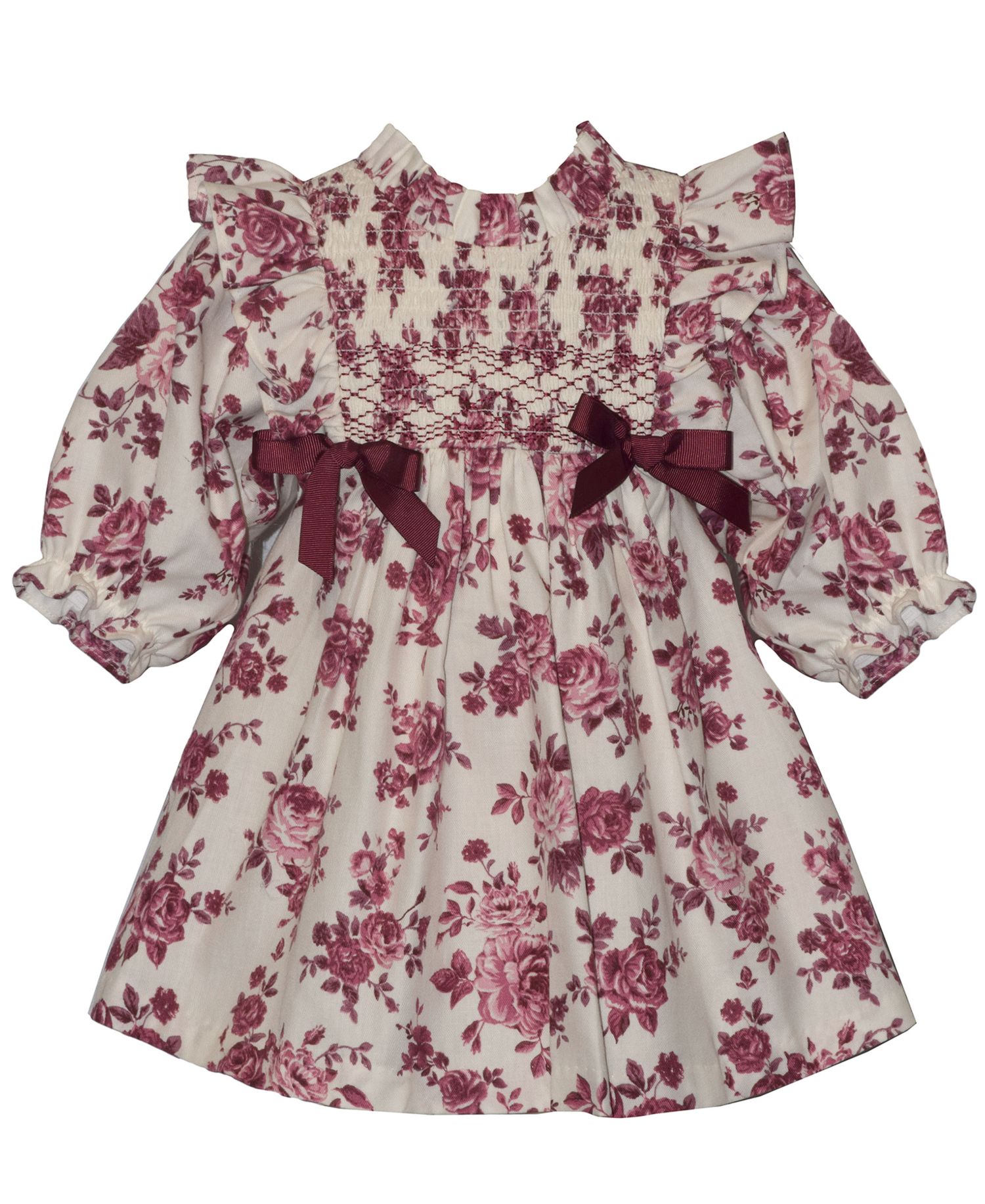 Baby Girls' Pinafore Floral Smocking Ruffle Neck Dress with Diaper Cover, 2-Piece Set