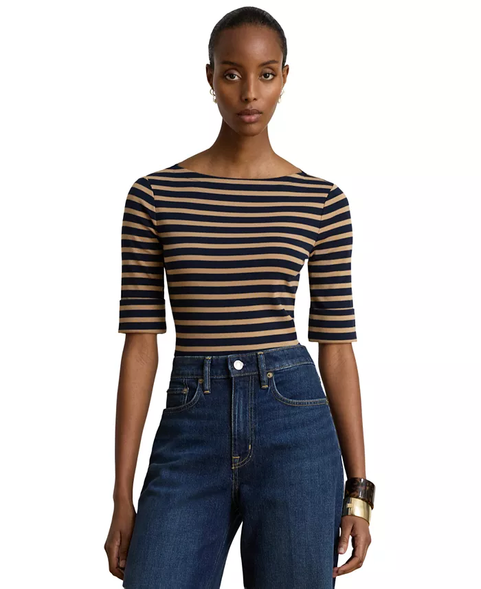 Women's Striped Stretch Cotton Boat Neck Top