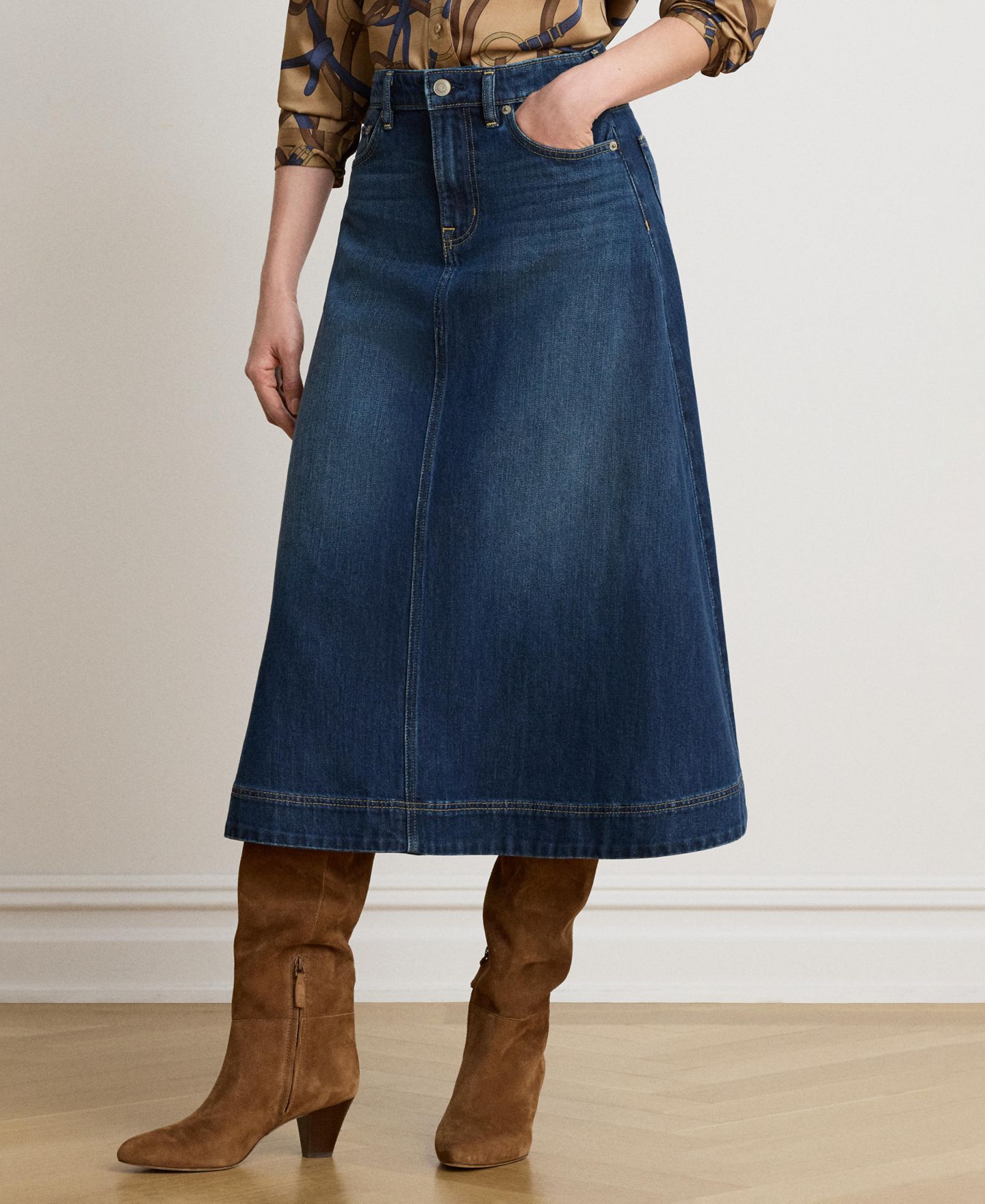 Женская юбка Lauren Ralph Lauren A-Line High-Waisted Midi Denim Skirt, цвет: Варёный — фото 3