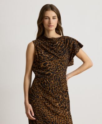 Lauren Ralph Lauren Women's Asymmetrical Neck Ocelot-Print Pleated Crepe Dress