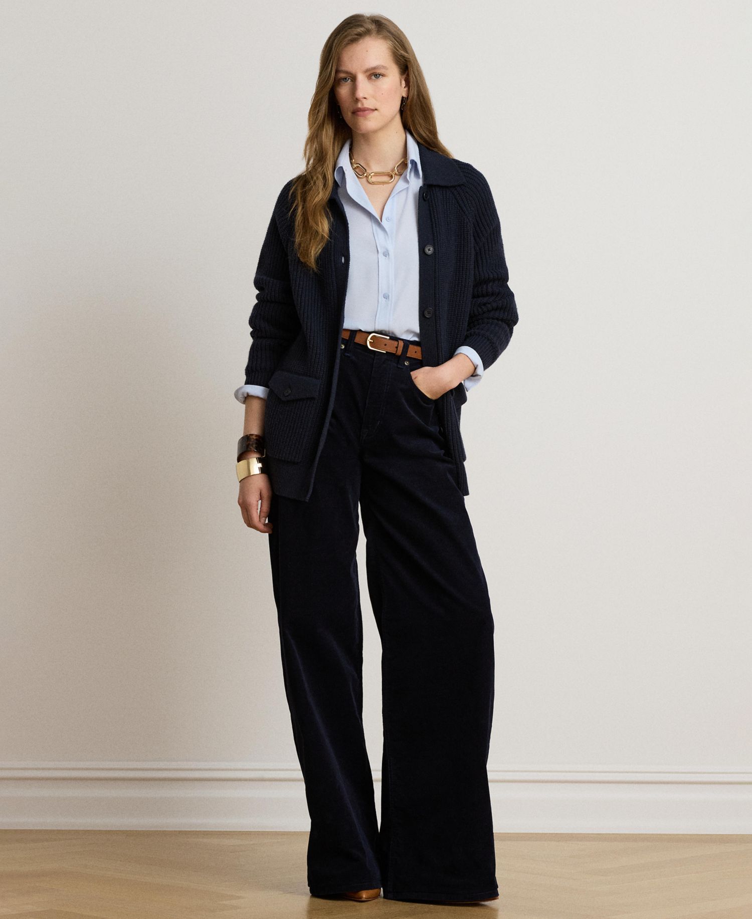 Women's Wool-Blend Rib-Knit Spread Collar Cardigan