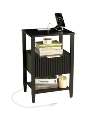 Two-tier nightstand with drawers unique wave-shaped design small storage cabinet with power strip suitable for bedrooms and living rooms