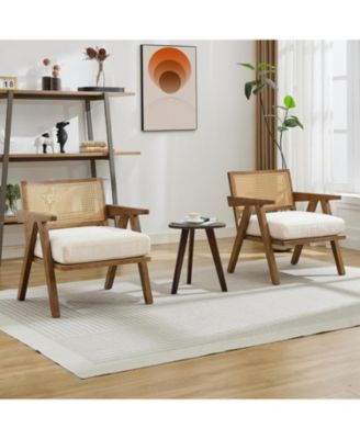 Mid Century Accent Chairs Set of 2, Rattan Back and Linen Cushion Armchairs