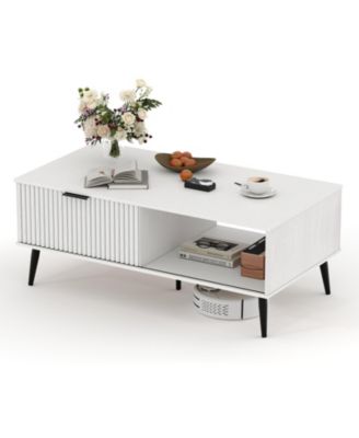 41.34 inch Rectangle Coffee Table, 2-Tier Farmhouse Table with Storage and Sliding Wave Pattern Door, Modern Wood Center Table for Living Room