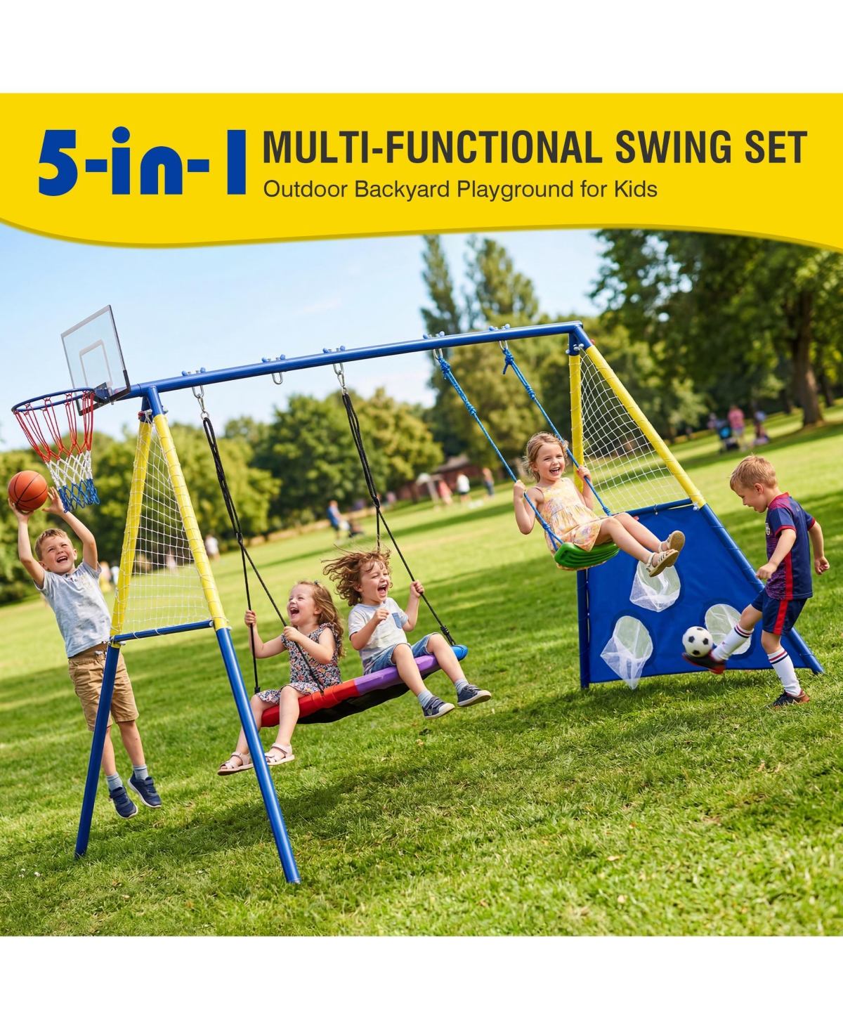 Zeny 5-in-1 Kids Swing Set with Saucer Swing, Belt Swing, Basketball Hoop , Heavy Duty Metal Frame Backyard Playground for Toddlers and Kids