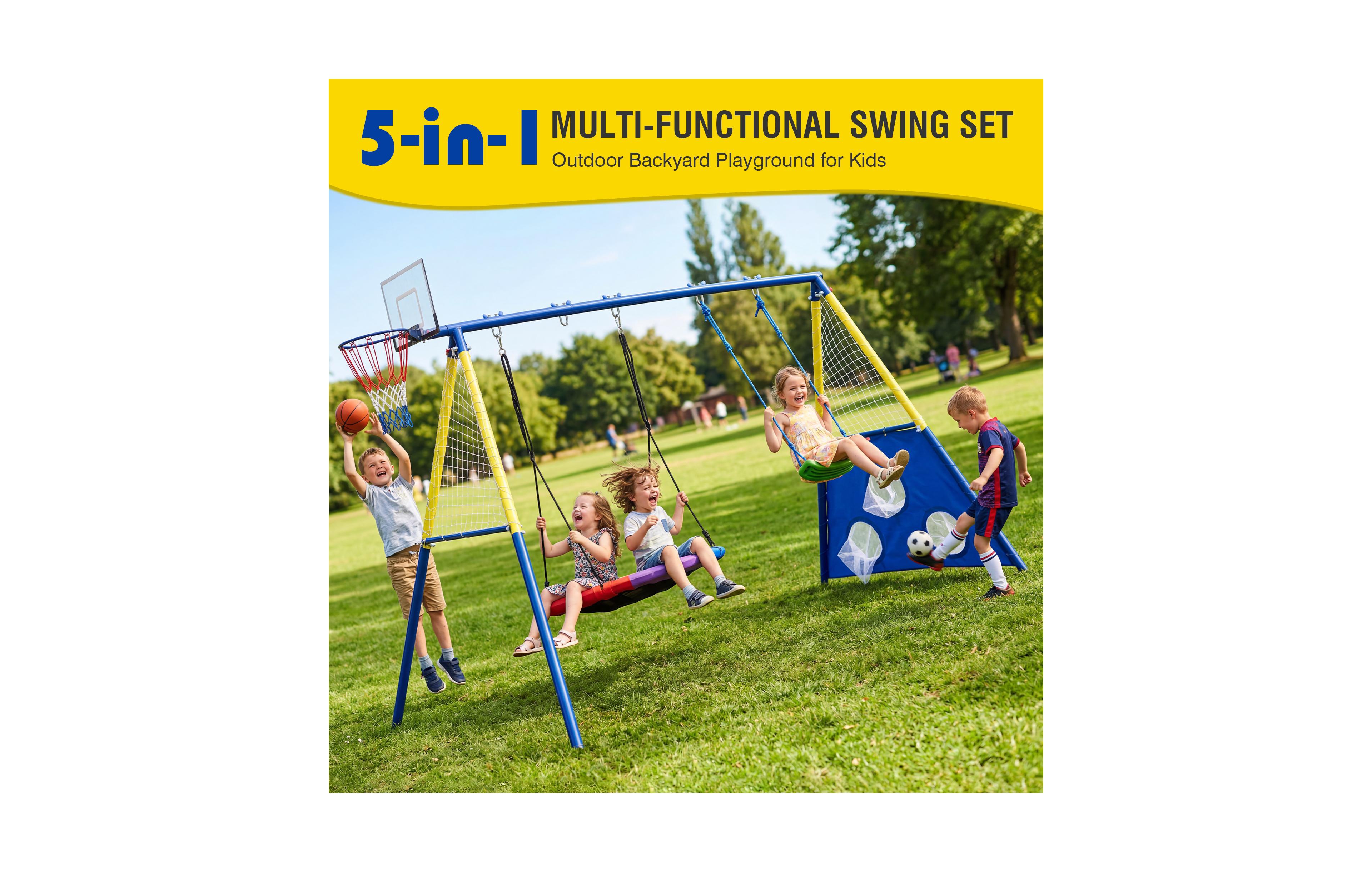 Zeny 5-in-1 Kids Swing Set with Saucer Swing, Belt Swing, Basketball Hoop , Heavy Duty Metal Frame Backyard Playground for Toddlers and Kids