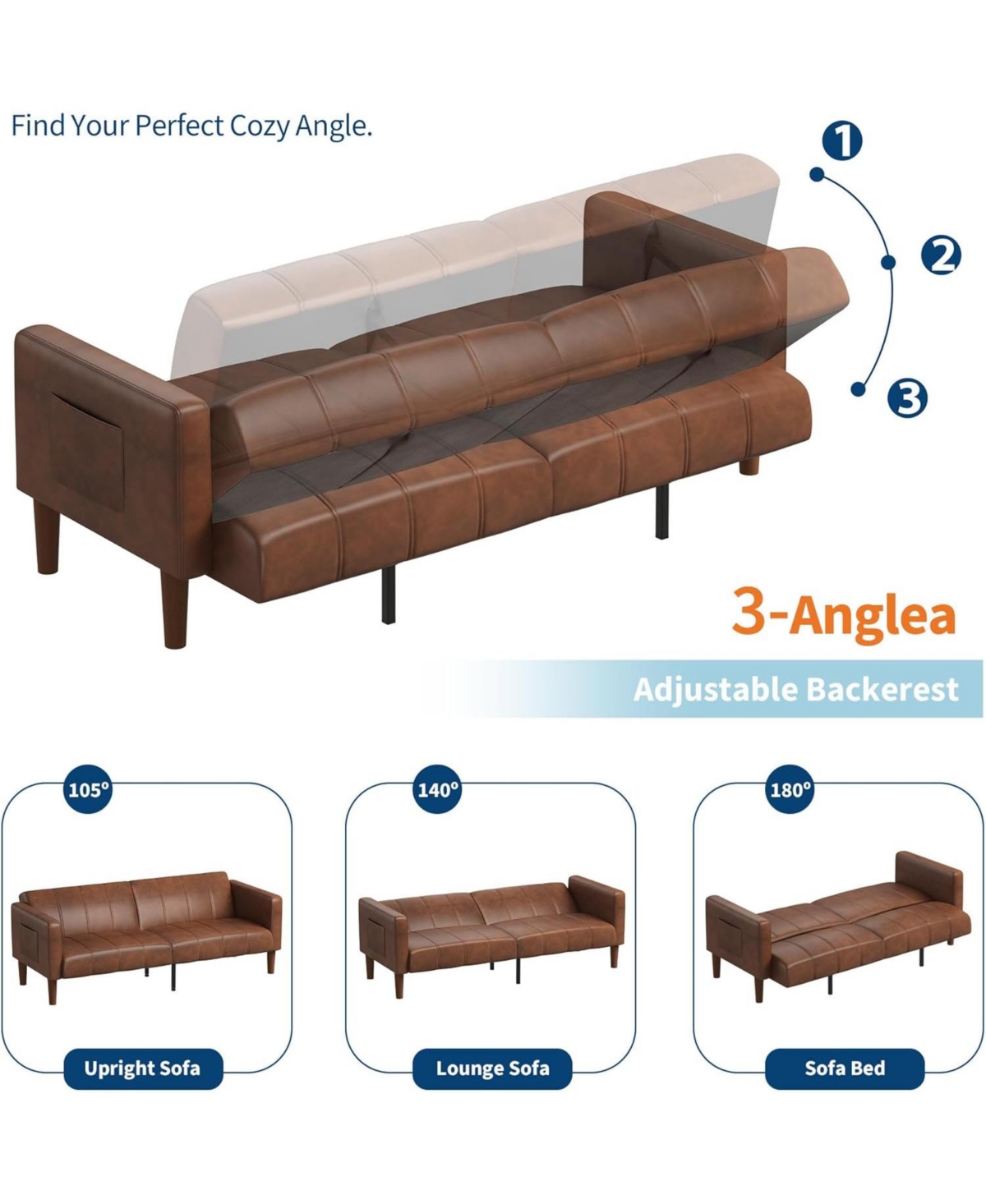 gaomon 75" Pu Leather Futon Sofa Bed,Convertible Loveseat, Adjustable Backrest, Side Pockets, Space-Saving Sleeper Sofa for Small Spaces