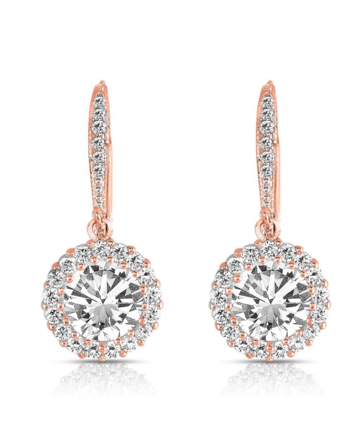 Genevive Brilliant Sterling Silver Round CZ Haloed Solitaire Drop Earrings
