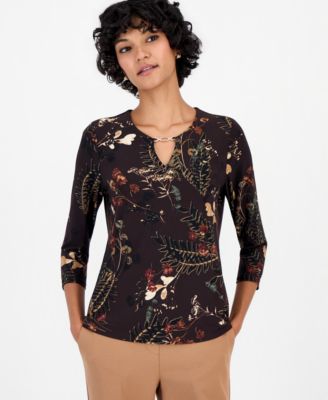 Petite 3/4-Sleeve Floral-Print Keyhole Top